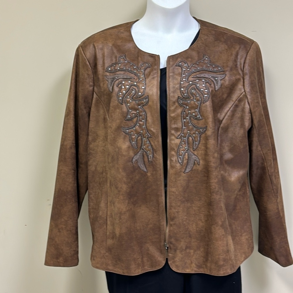 Reba plus size, brown faux leather jacket.